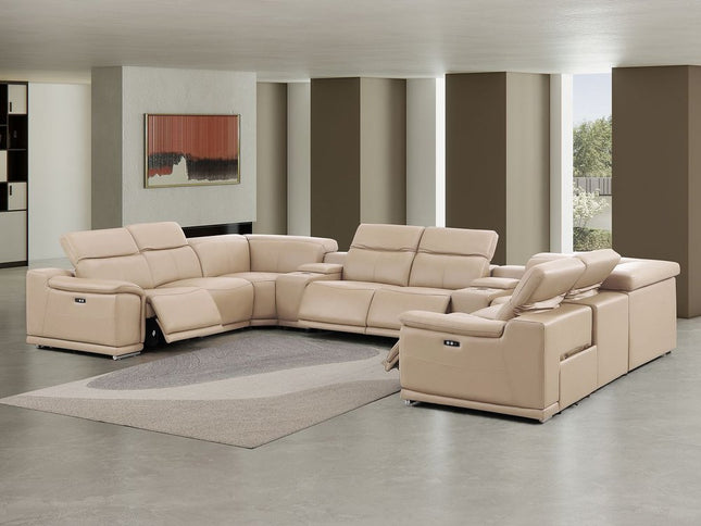 Beige Leather Modular U Shaped Ten Piece Corner Sectional With Console