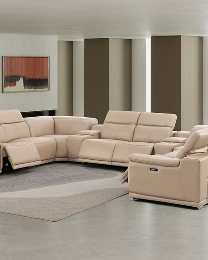 Beige Leather Modular U Shaped Ten Piece Corner Sectional With Console