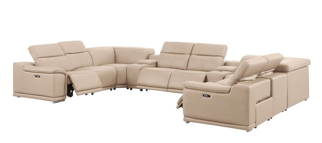 Beige Leather Modular U Shaped Ten Piece Corner Sectional With Console