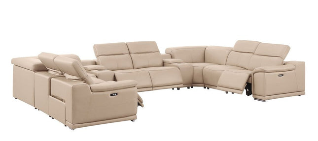 Beige Leather Modular U Shaped Ten Piece Corner Sectional With Console