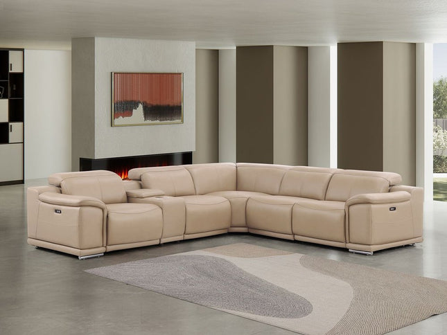 Beige Leather Modular L Shaped Six Piece Corner Sectional With Console