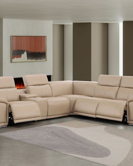 Beige Leather Modular L Shaped Six Piece Corner Sectional With Console
