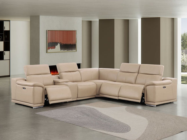 Beige Leather Modular L Shaped Six Piece Corner Sectional With Console