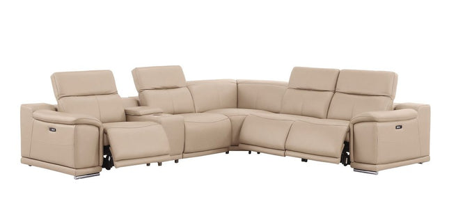 Beige Leather Modular L Shaped Six Piece Corner Sectional With Console