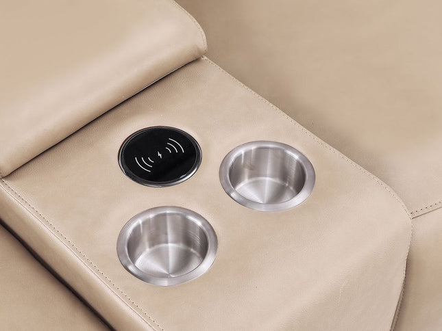 Beige Leather Modular L Shaped Six Piece Corner Sectional With Console