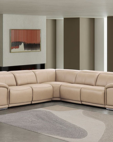 Beige Leather Power Reclining L Shaped Five Piece Corner Sectional