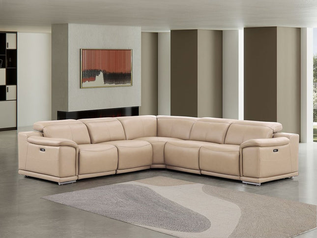 Beige Leather Modular L Shaped Five Piece Corner Sectional