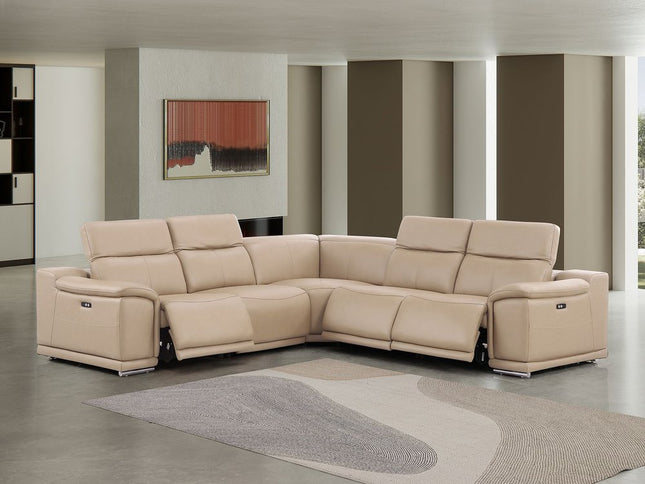 Beige Leather Modular L Shaped Five Piece Corner Sectional