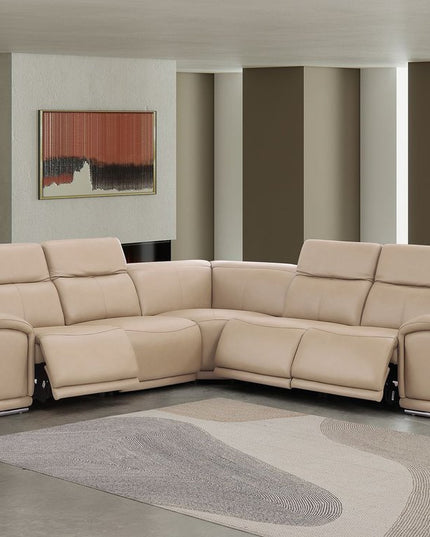 Beige Leather Power Reclining L Shaped Five Piece Corner Sectional