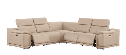 Beige Leather Power Reclining L Shaped Five Piece Corner Sectional