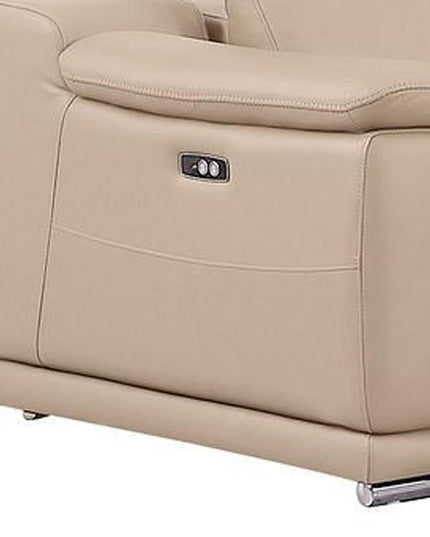 Beige Leather Power Reclining L Shaped Five Piece Corner Sectional