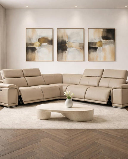 Beige Leather Power Reclining L Shaped Five Piece Corner Sectional