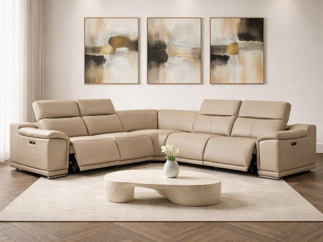 Beige Leather Modular L Shaped Five Piece Corner Sectional