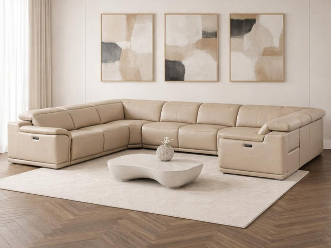 Beige Leather Modular U Shaped Eight Piece Corner Sectional