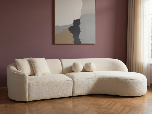 Ivory Boucle Modular Curved Two Piece Sofa and Chaise Sectional With Toss Pillows