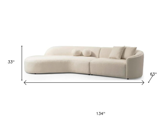Ivory Boucle Modular Curved Two Piece Sofa and Chaise Sectional With Toss Pillows