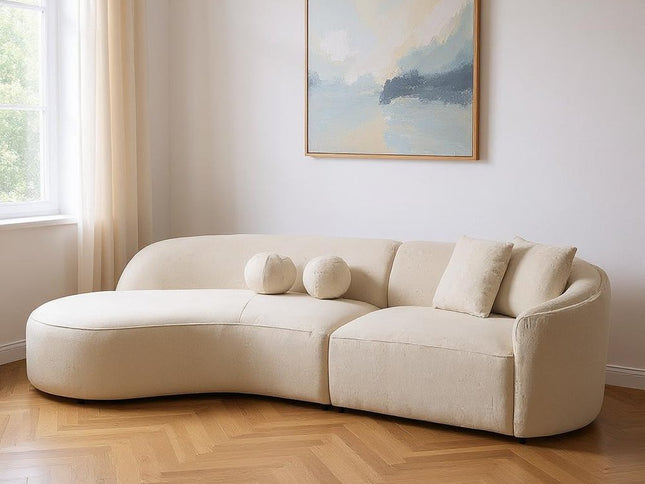 Ivory Boucle Modular Curved Two Piece Sofa and Chaise Sectional With Toss Pillows