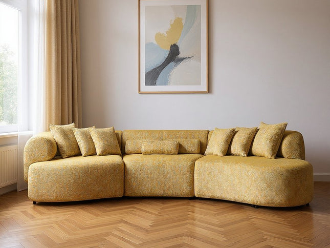 Mustard Boucle Modular Curved Three Piece Sectional With Toss Pillows