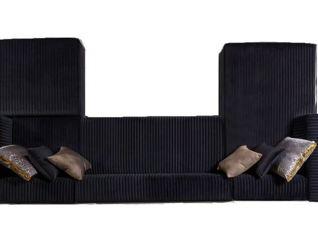 Black Velvet Modular U Shaped Four Piece Sofa and Chaise Sectional With Toss Pillows
