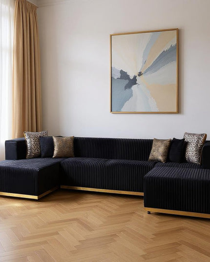 Black Velvet Modular U Shaped Four Piece Sofa and Chaise Sectional With Toss Pillows