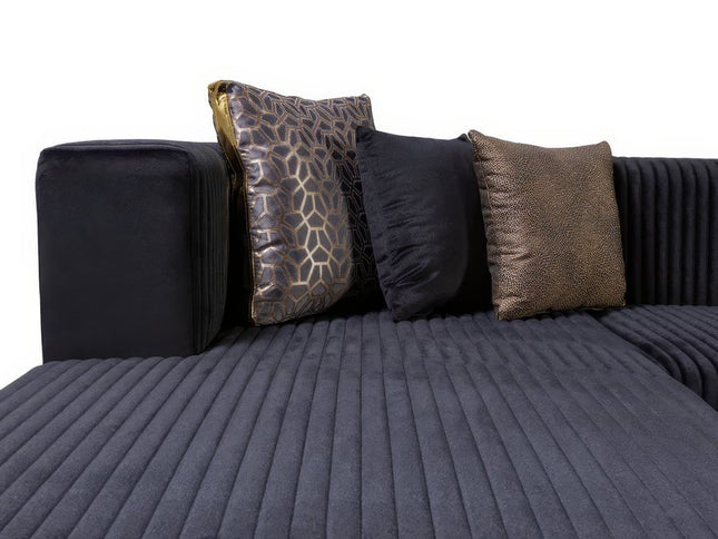 Black Velvet Modular U Shaped Four Piece Sofa and Chaise Sectional With Toss Pillows