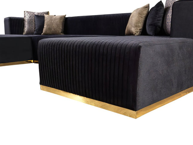 Black Velvet Modular U Shaped Four Piece Sofa and Chaise Sectional With Toss Pillows