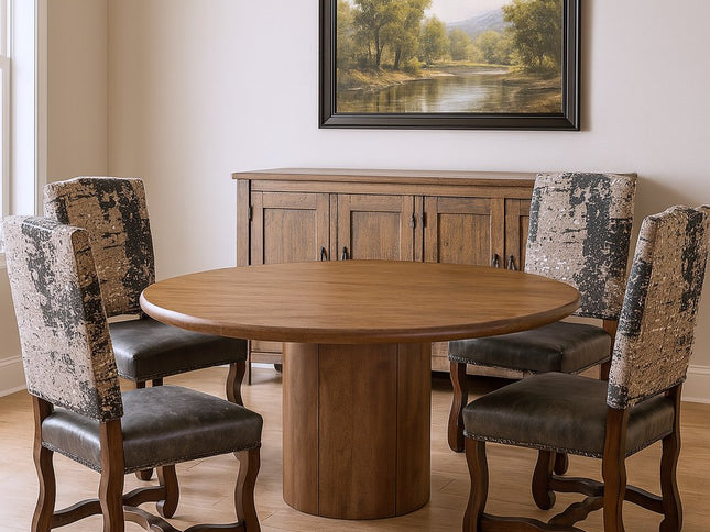 Five Piece Brown Round Solid Wood Dining Set with Four Chairs