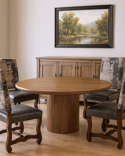 Five Piece Brown Round Solid Wood Dining Set with Four Chairs