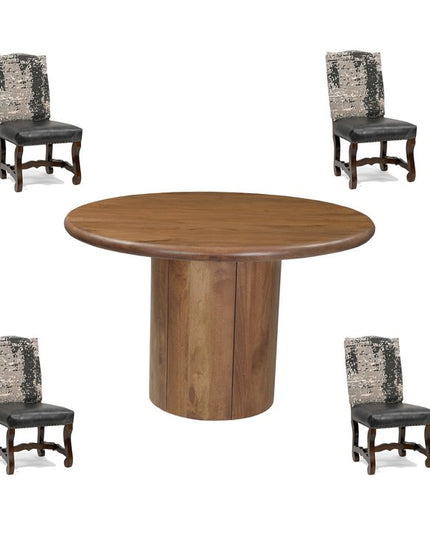 Five Piece Brown Round Solid Wood Dining Set with Four Chairs