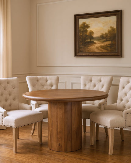 Five Piece Brown Round Solid Wood Dining Set with Four Chairs