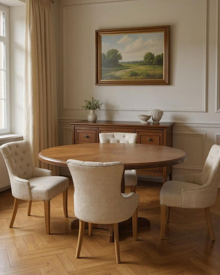 Five Piece Brown Round Solid Wood Dining Set with Four Chairs