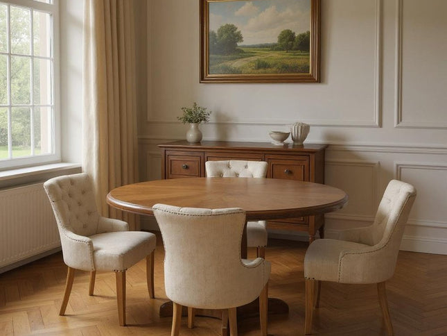 Five Piece Brown Round Solid Wood Dining Set with Four Chairs