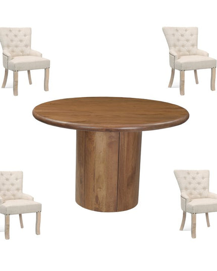 Five Piece Brown Round Solid Wood Dining Set with Four Chairs