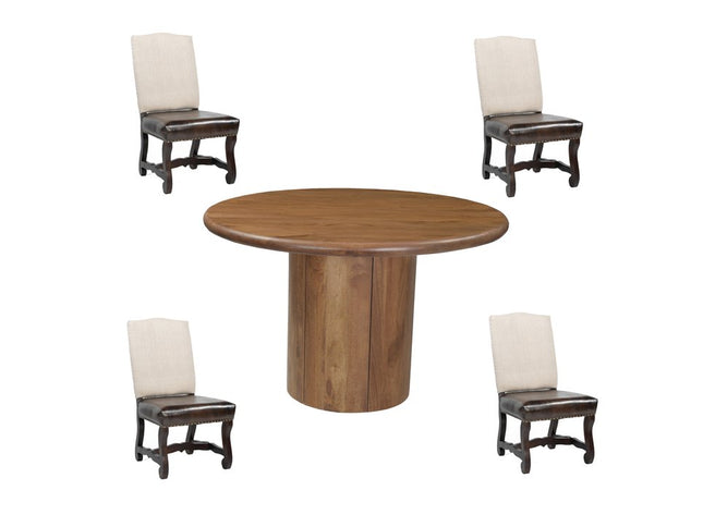 Five Piece Brown Round Solid Wood Dining Set with Four Chairs
