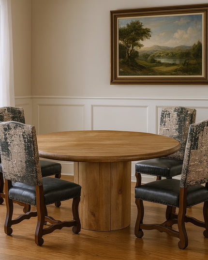 Five Piece Brown Round Solid Wood Dining Set with Four Chairs