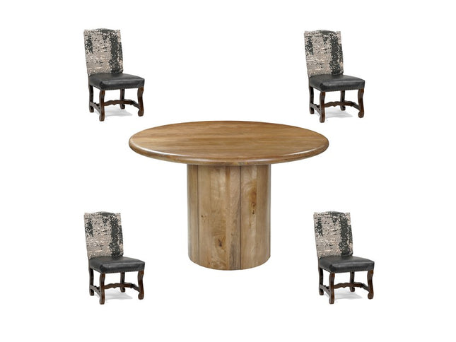 Five Piece Brown Round Solid Wood Dining Set with Four Chairs
