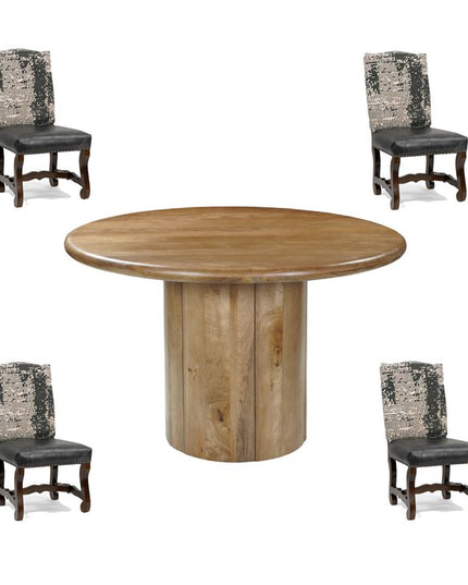 Five Piece Brown Round Solid Wood Dining Set with Four Chairs