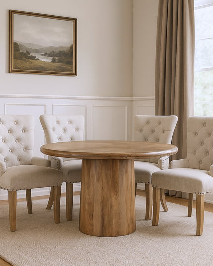 Five Piece Brown Round Solid Wood Dining Set with Four Chairs