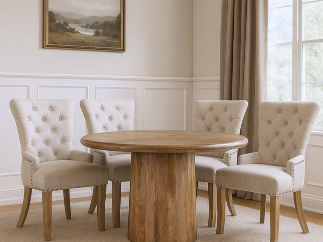 Five Piece Brown Round Solid Wood Dining Set with Four Chairs