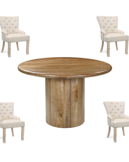 Five Piece Brown Round Solid Wood Dining Set with Four Chairs