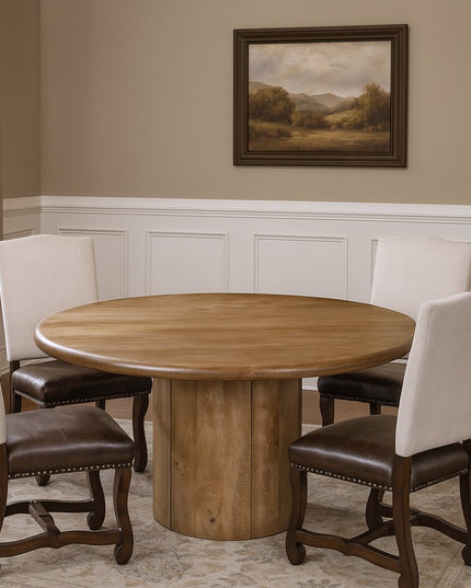 Five Piece Brown Round Solid Wood Dining Set with Four Chairs