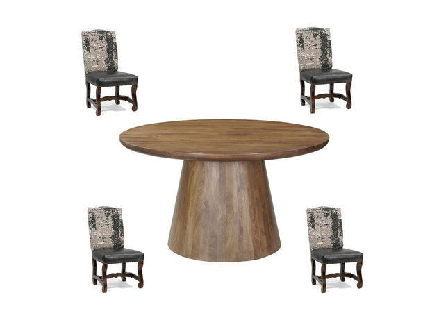 Five Piece Brown Round Solid Wood Dining Set with Four Chairs