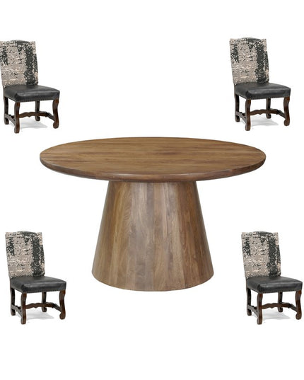 Five Piece Brown Round Solid Wood Dining Set with Four Chairs