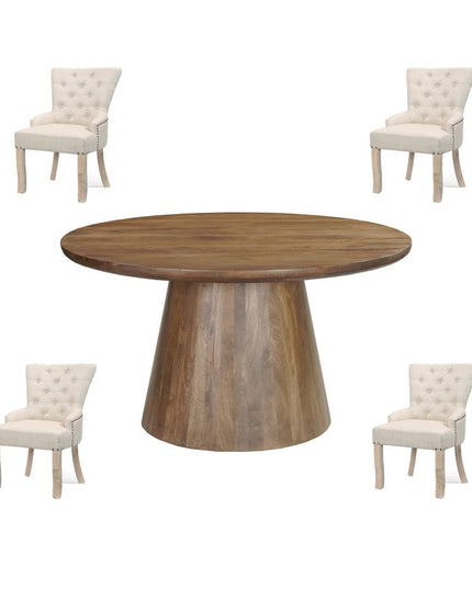 Five Piece Brown Round Solid Wood Dining Set with Four Chairs