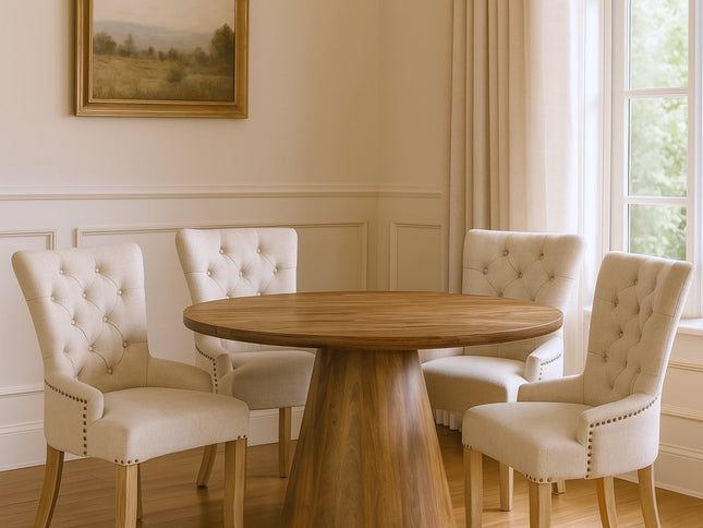 Five Piece Brown Round Solid Wood Dining Set with Four Chairs