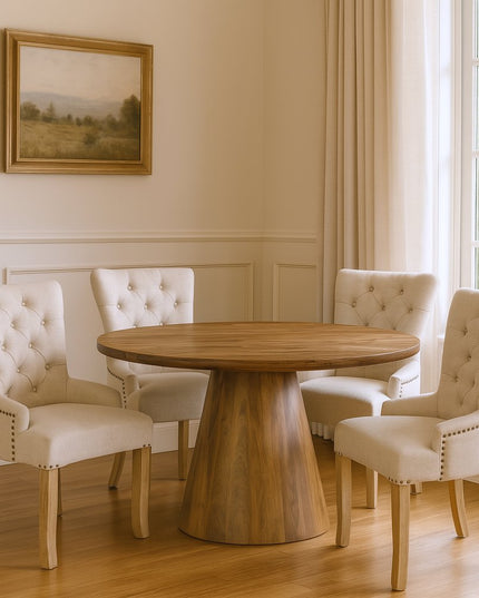 Five Piece Brown Round Solid Wood Dining Set with Four Chairs