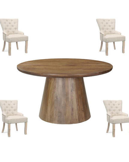 Five Piece Brown Round Solid Wood Dining Set with Four Chairs