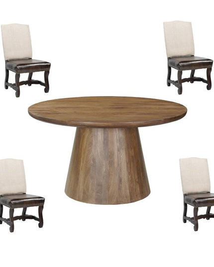 Five Piece Brown Round Solid Wood Dining Set with Four Chairs
