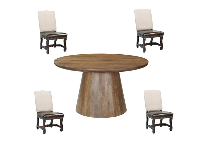 Five Piece Brown Round Solid Wood Dining Set with Four Chairs