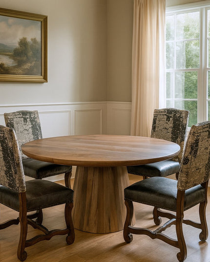 Five Piece Brown Round Solid Wood Dining Set with Four Chairs